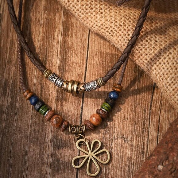 Ethnic Boho Colorful Braided Rope Necklace, Multi-Layered, Wooden Beads, Copper - Picture 6 of 7